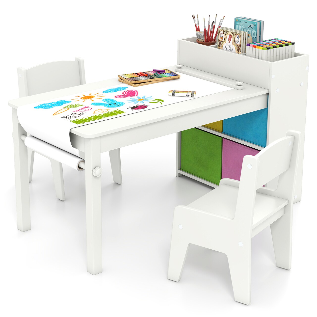 White MDF Metal Kids Art Table and Chair Set with Storage and Paper Roll